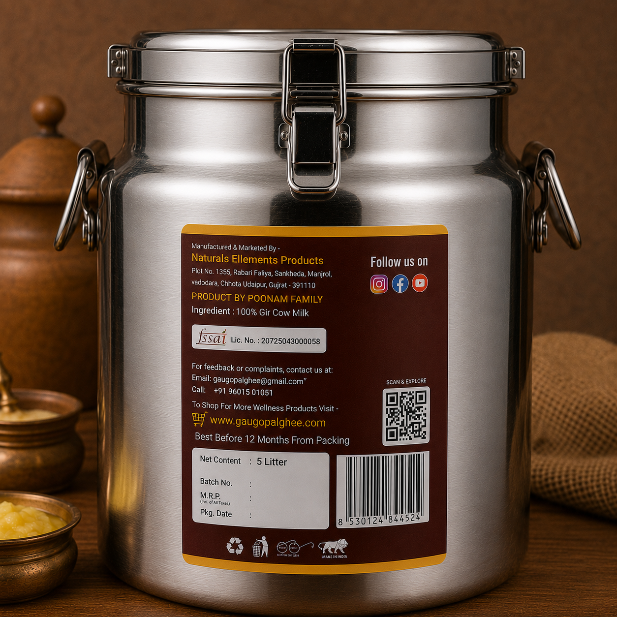 GauGopal Organic A2 Gir Cow Ghee 5 Litter Dolchi | Pure Desi Ghee | Bilona Crafted | Made from Gir Cow Milk