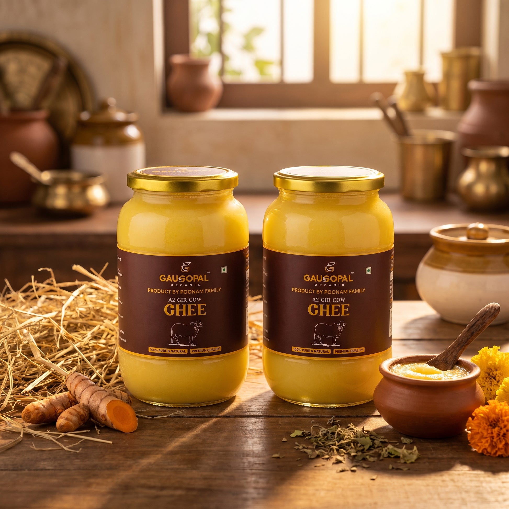GauGopal Organic A2 Gir Cow Ghee 1 Litter( Pack Of 2)Glass Jar | Pure Desi Ghee | Bilona Crafted | Made from Gir Cow Milk (Copy)