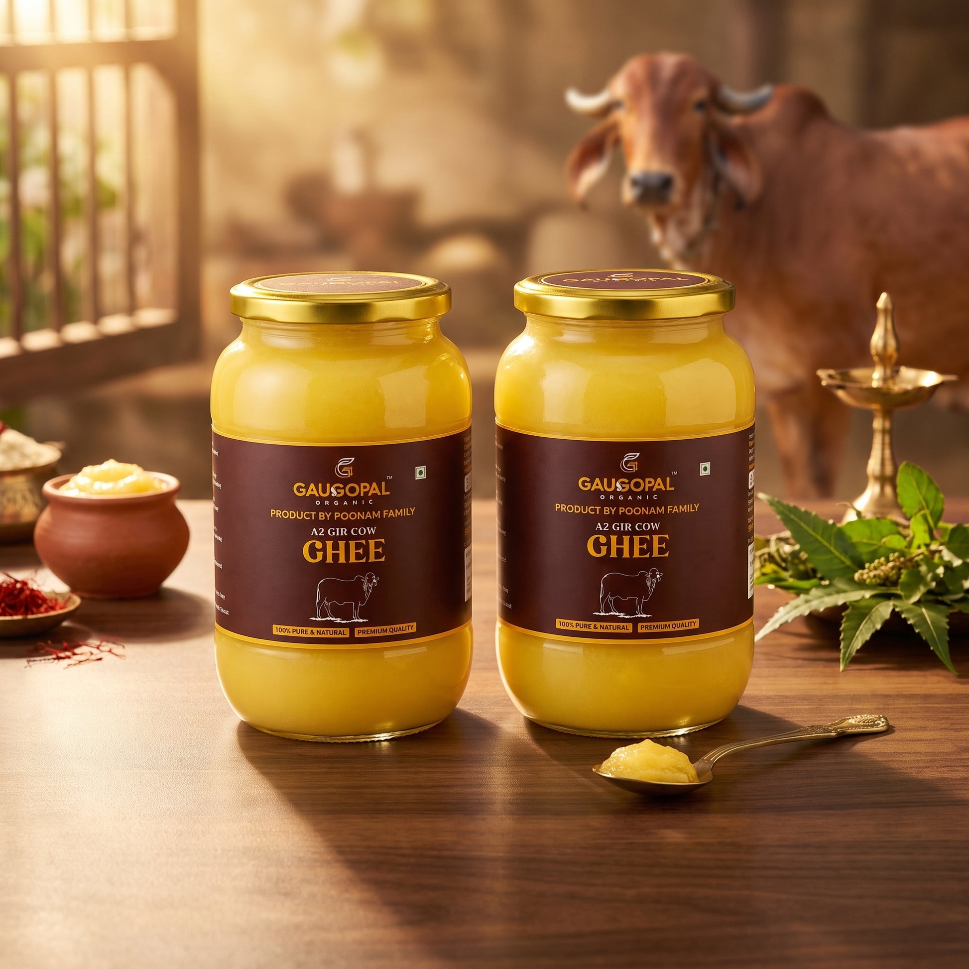 GauGopal Organic A2 Gir Cow Ghee 1 Litter( Pack Of 2)Glass Jar | Pure Desi Ghee | Bilona Crafted | Made from Gir Cow Milk (Copy)