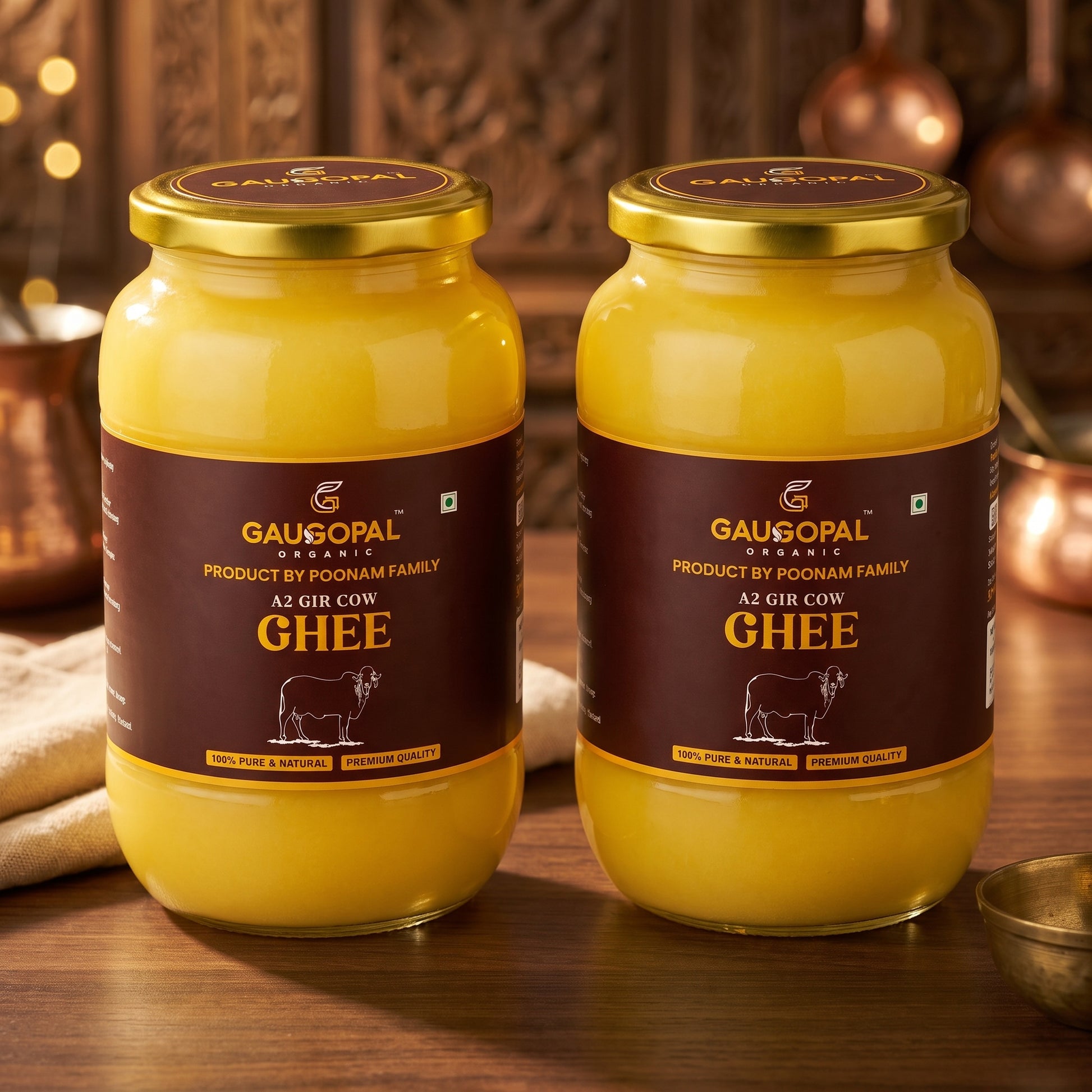 GauGopal Organic A2 Gir Cow Ghee 1 Litter( Pack Of 2)Glass Jar | Pure Desi Ghee | Bilona Crafted | Made from Gir Cow Milk (Copy)