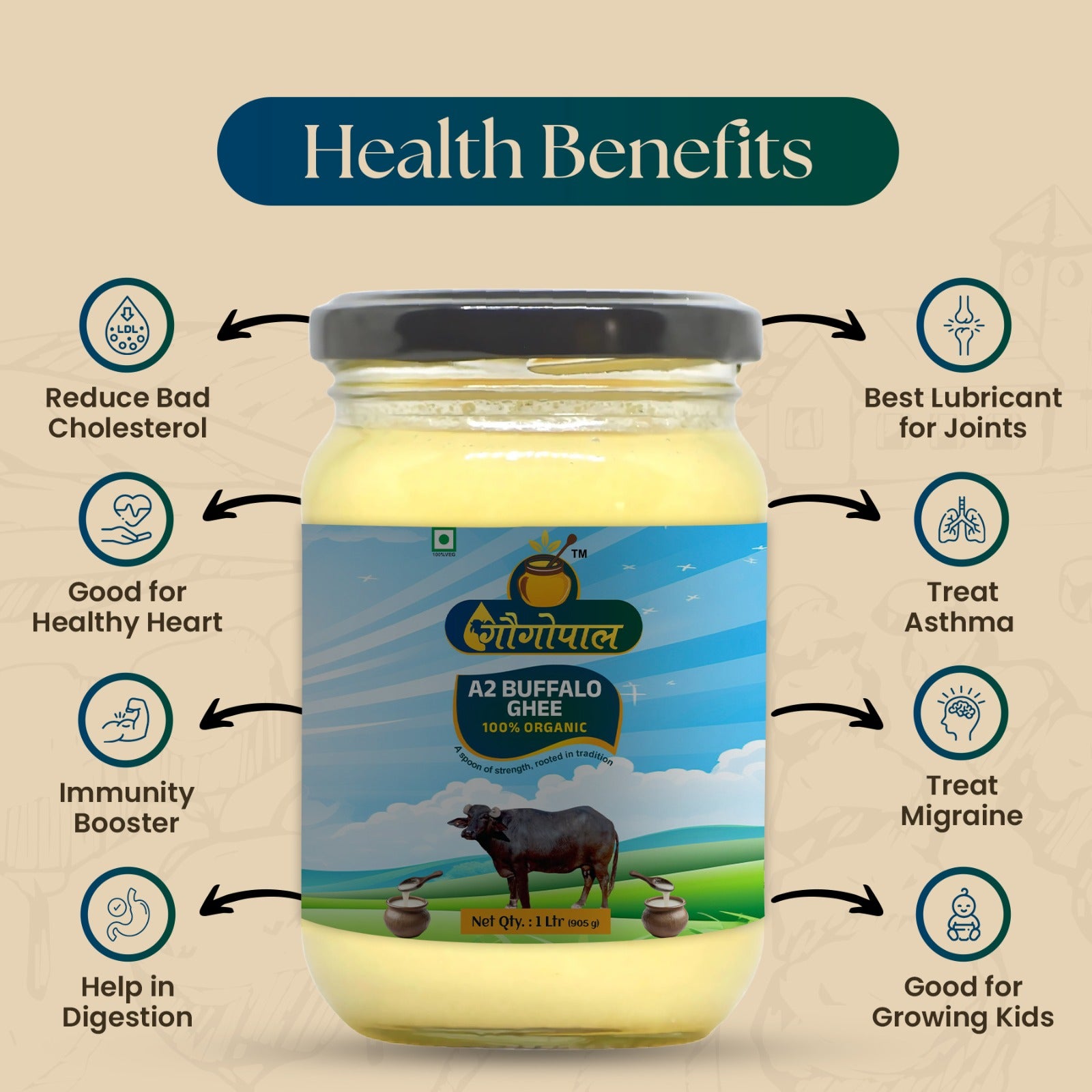 Organic Pure A2 Buffalo Ghee 1 Litre