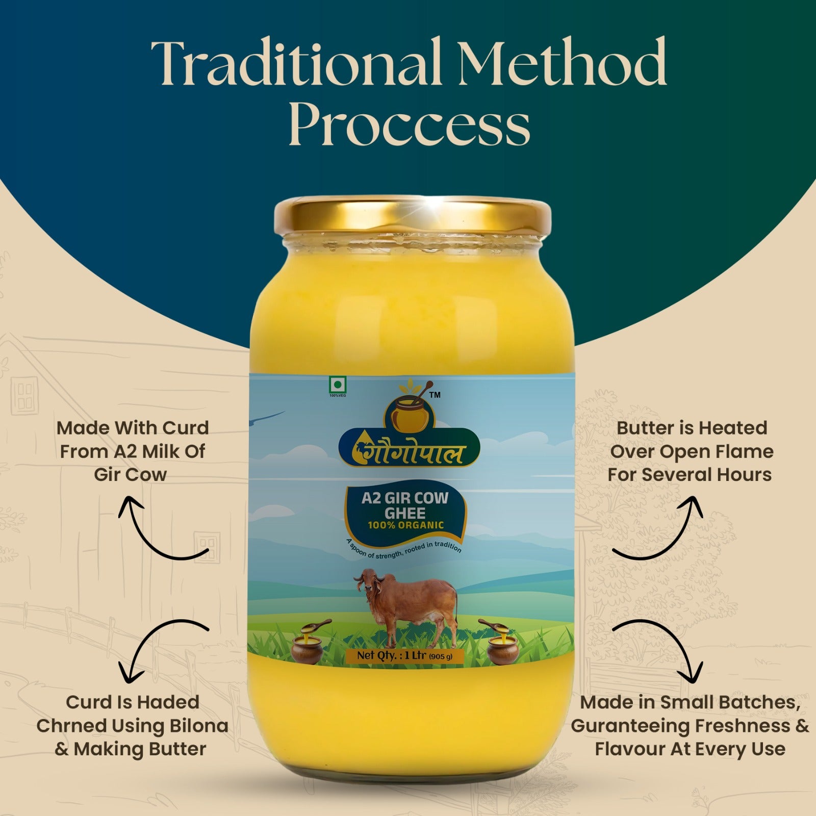 Organic Pure A2 Gir Cow Ghee 1 Litre