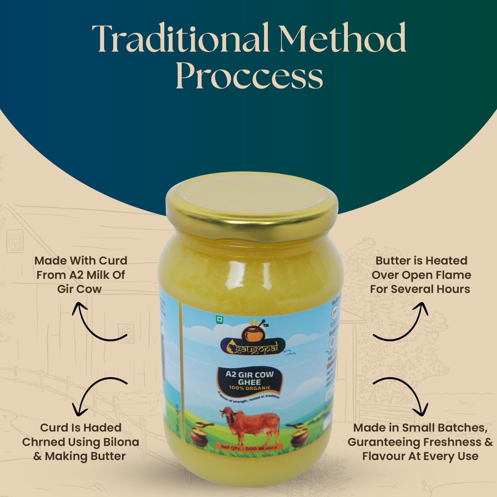 Pure Organic Method A2 Gir Cow Ghee 500 ML