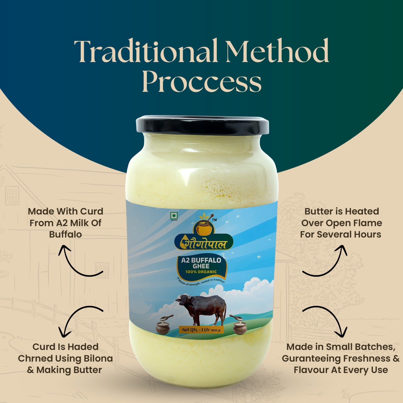 Pure Organic Method A2 Buffalo Ghee 1 Litre