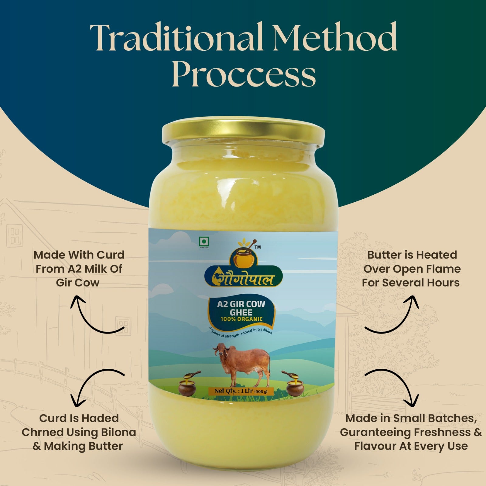 Pure Organic Method A2 Gir Cow Ghee 1 Litre