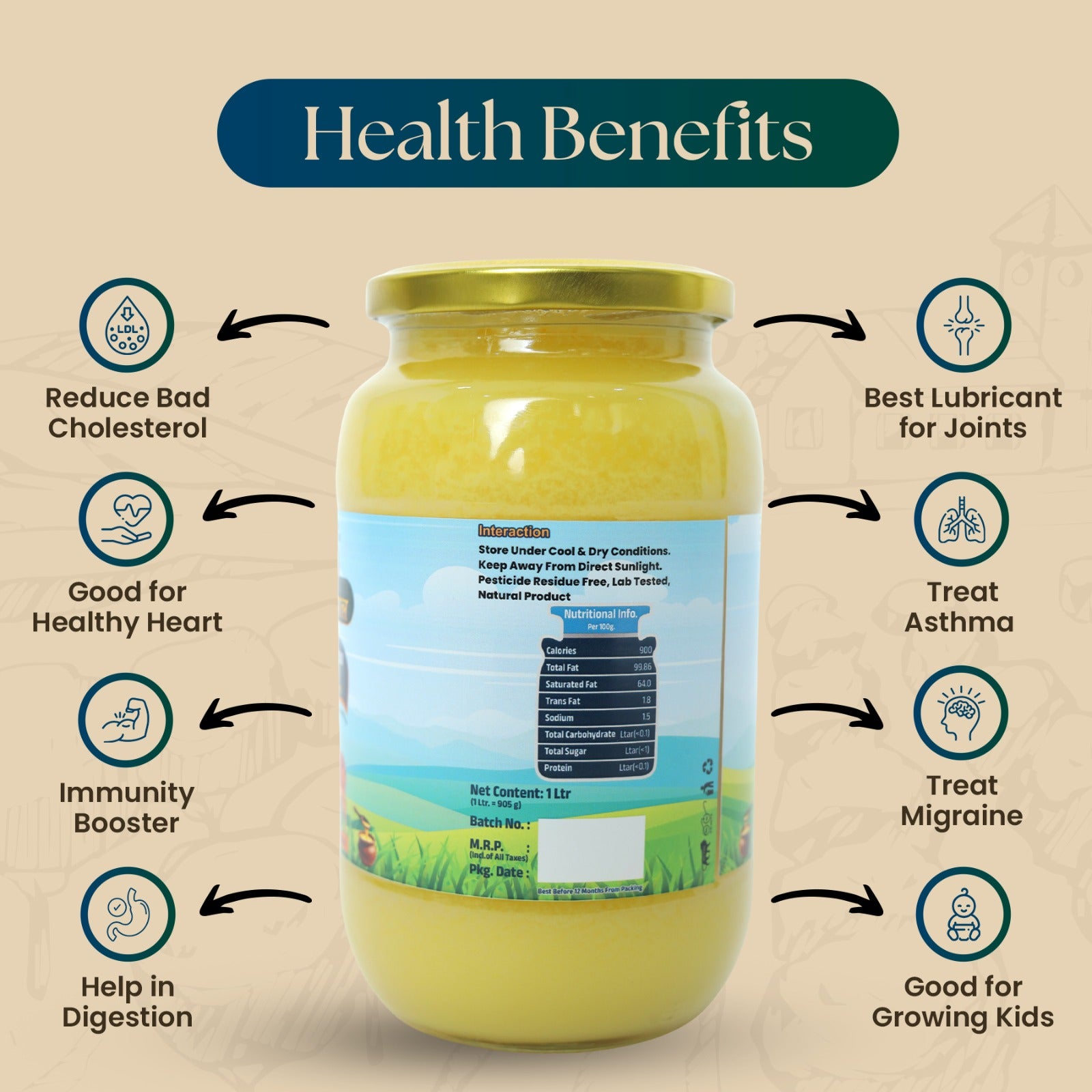 Pure Organic Method A2 Gir Cow Ghee 1 Litre