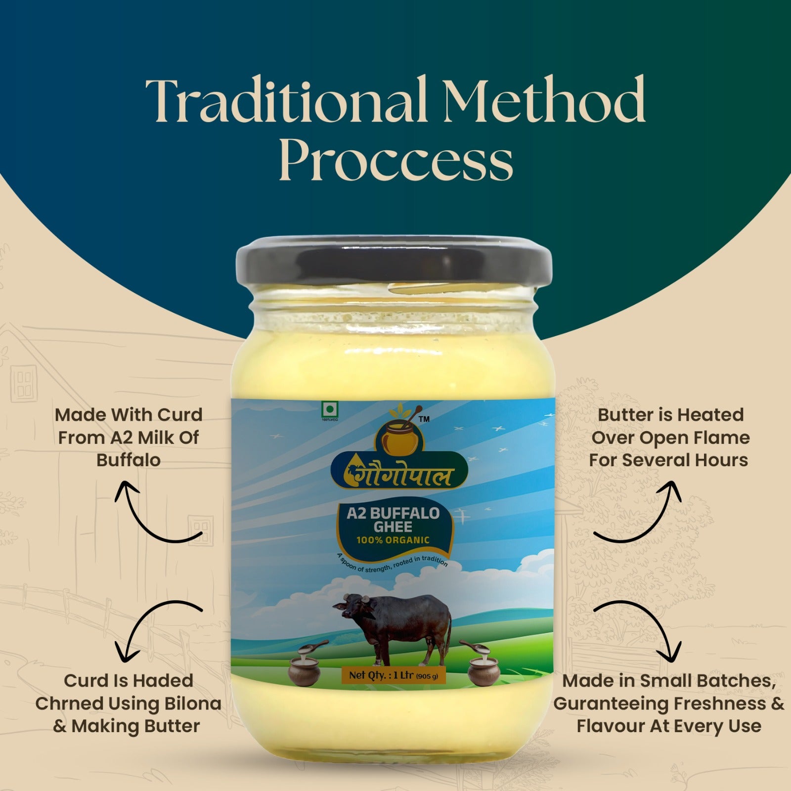 Organic Pure A2 Buffalo Ghee 1 Litre