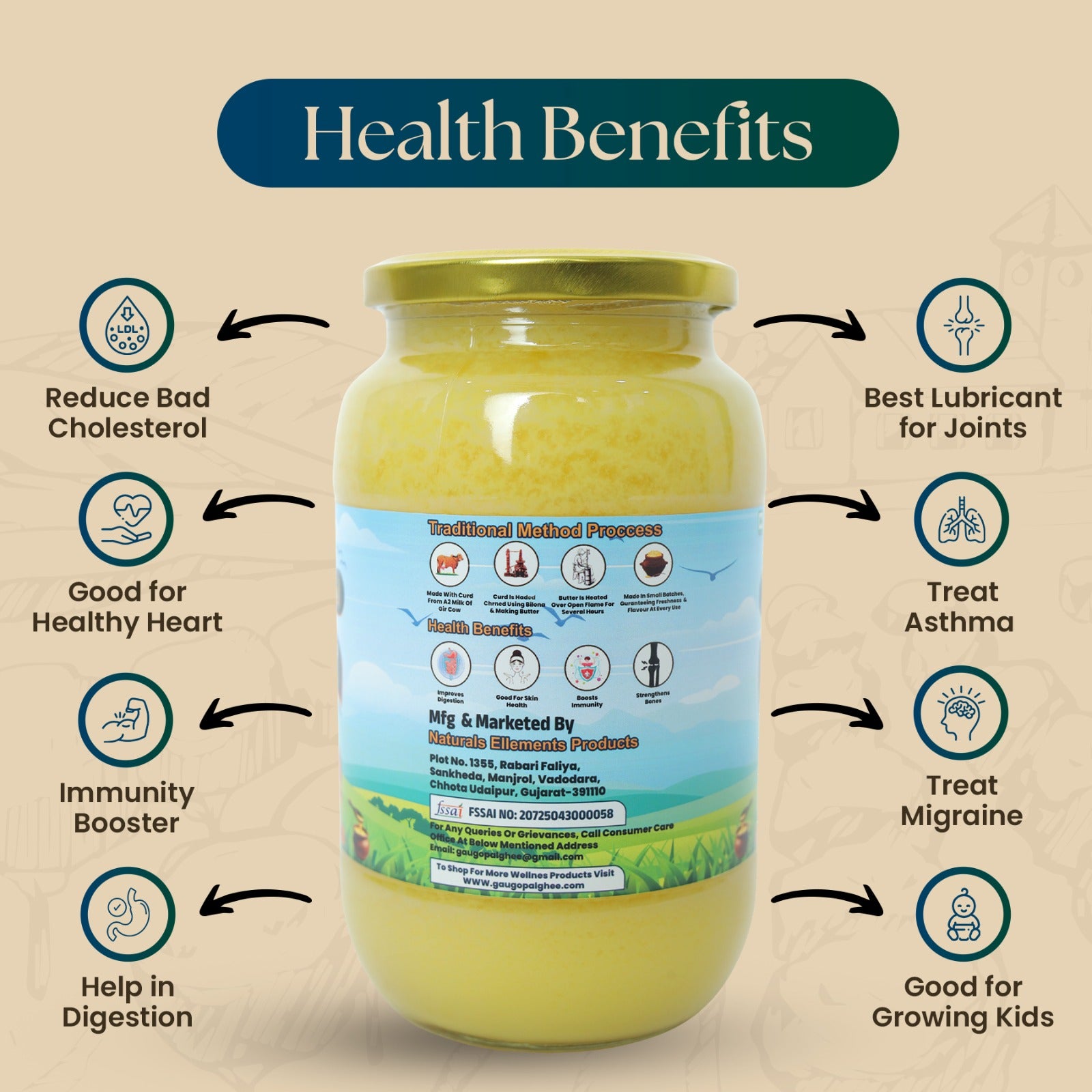 Pure Organic Method A2 Gir Cow Ghee 500 ML